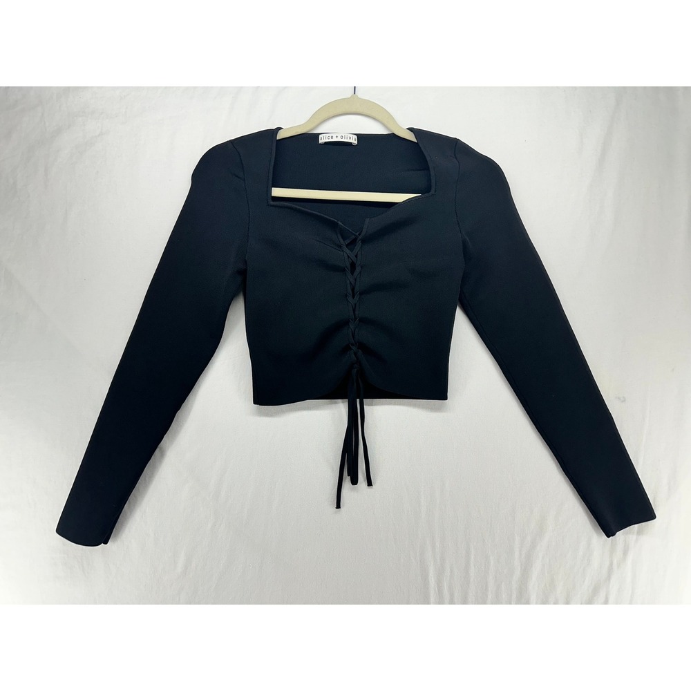 Alice + Olivia Black Lace‎ Up Front Ribbed Knit Long Sleeve Crop Top XS/S